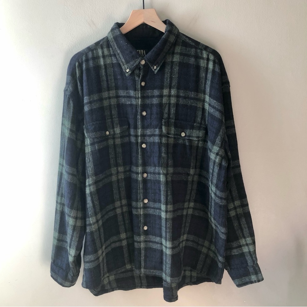 SIERRA PACIFIC Blue & Green Plaid Wool Button Up Shirt